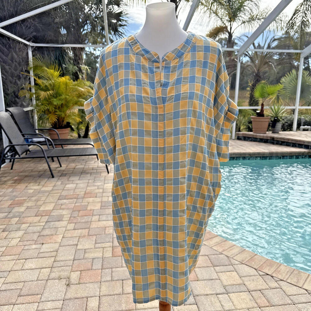 Camille & Co Blue Yellow Check Plaid Mini Tunic Shirt Dress XL Short Sleeve